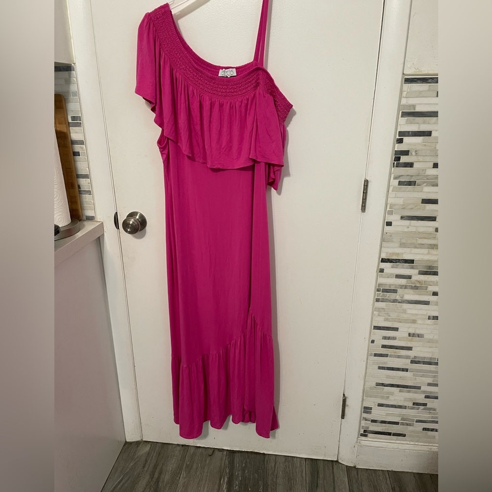 Sofia Vergara Barbie Pink One Shoulder Flirty Midi Sleeveless Smocked Neck Dress
